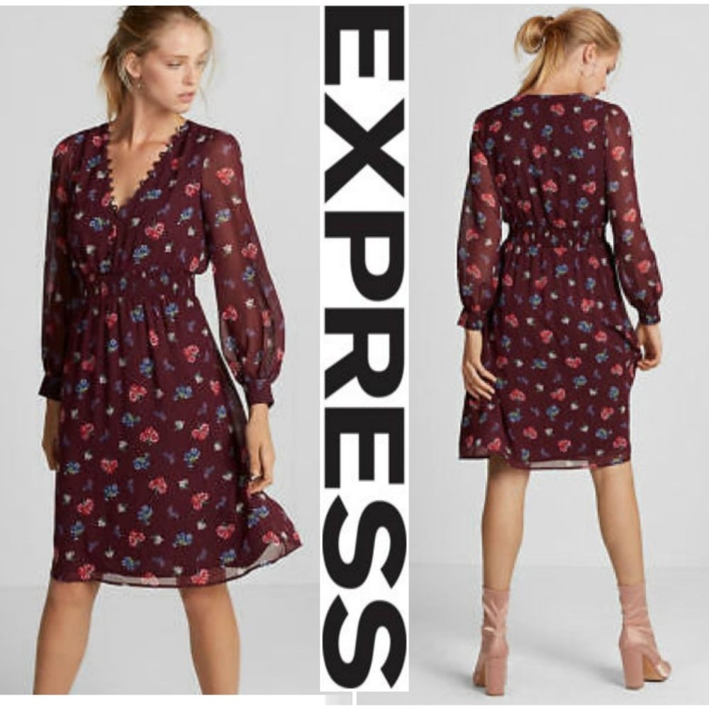 EXPRESS Floral Chiffon Smocked Waist Midi Dress